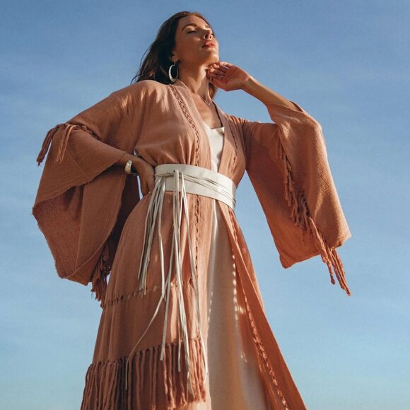 Aya Sacred Wear Boho Kimono Cover Wide Sleeve Cape Tassel Organic Sustainable - Picture 1 of 8